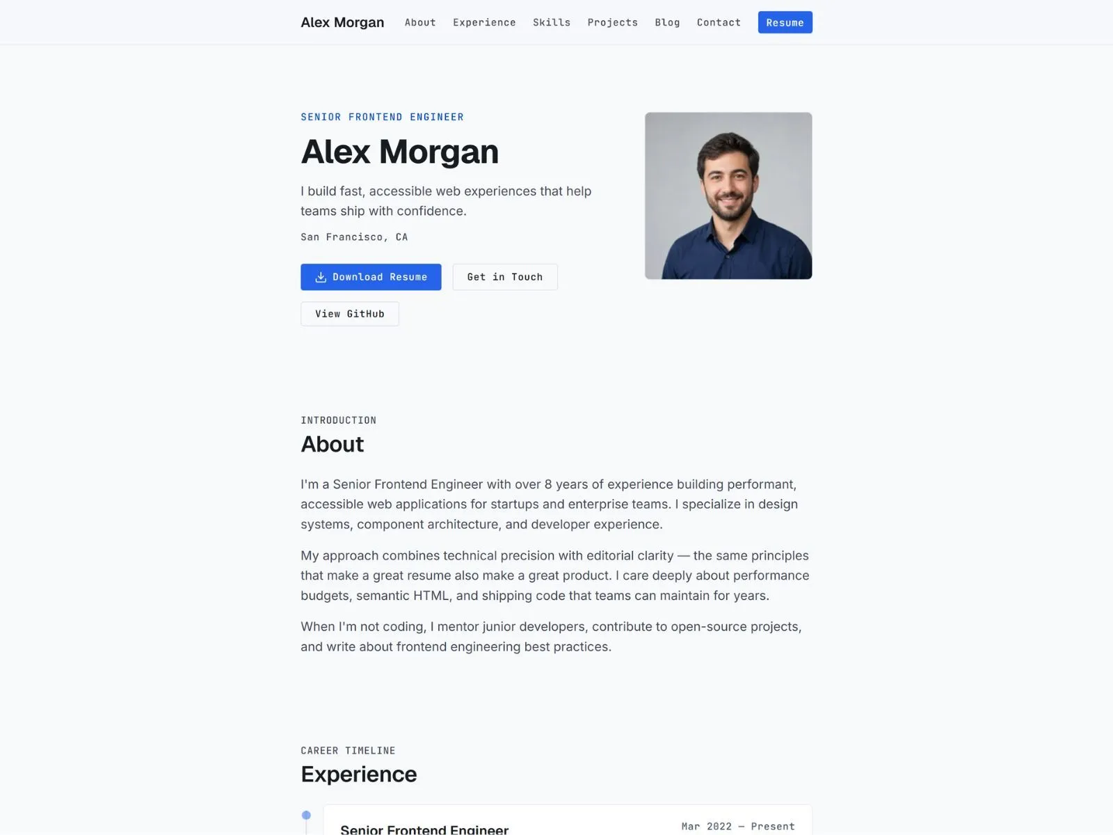 StellarCV Astro theme preview showing a premium CV and portfolio website for technical professionals