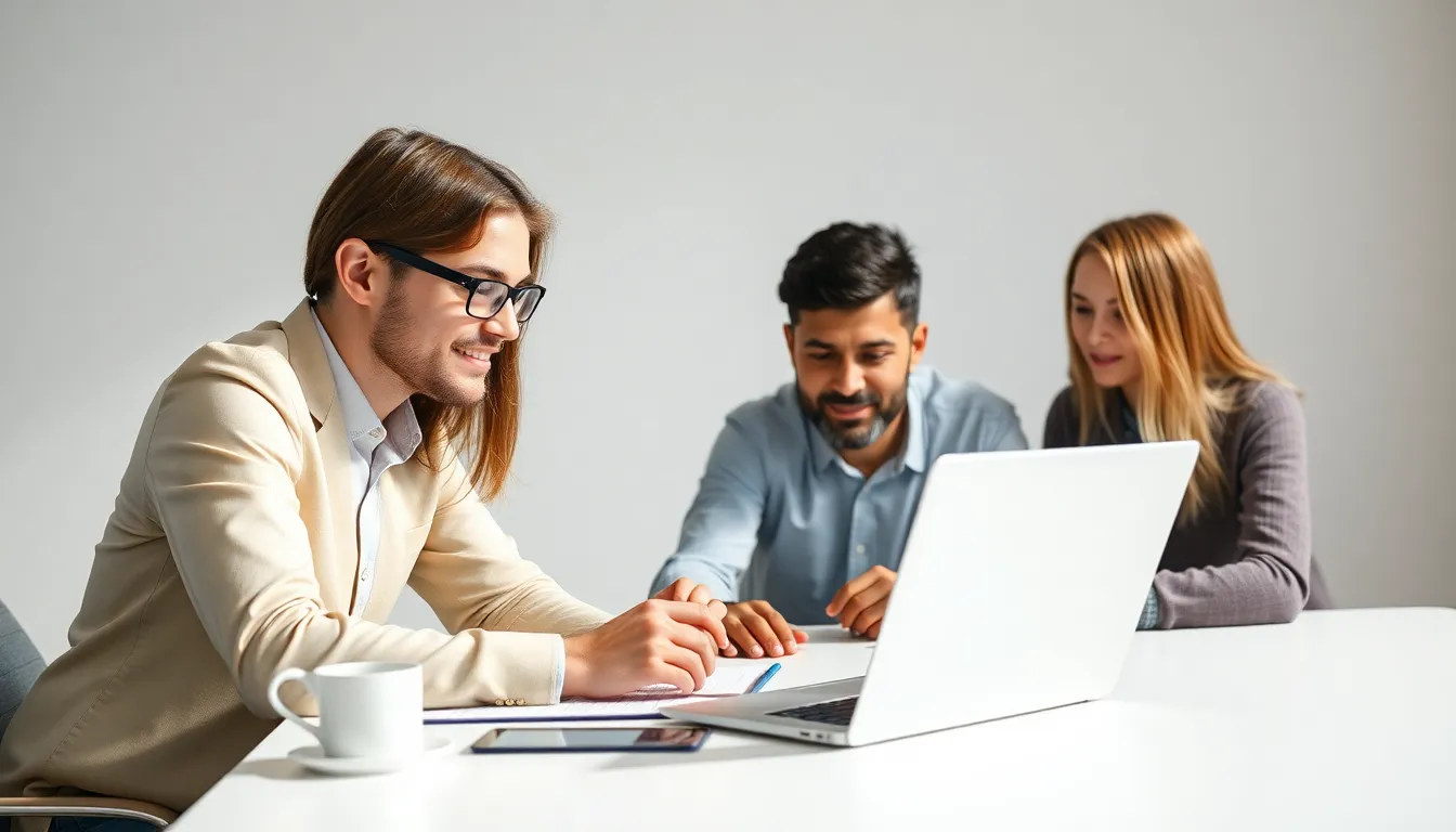 Marketing team reviewing AI-assisted content drafts on a laptop
