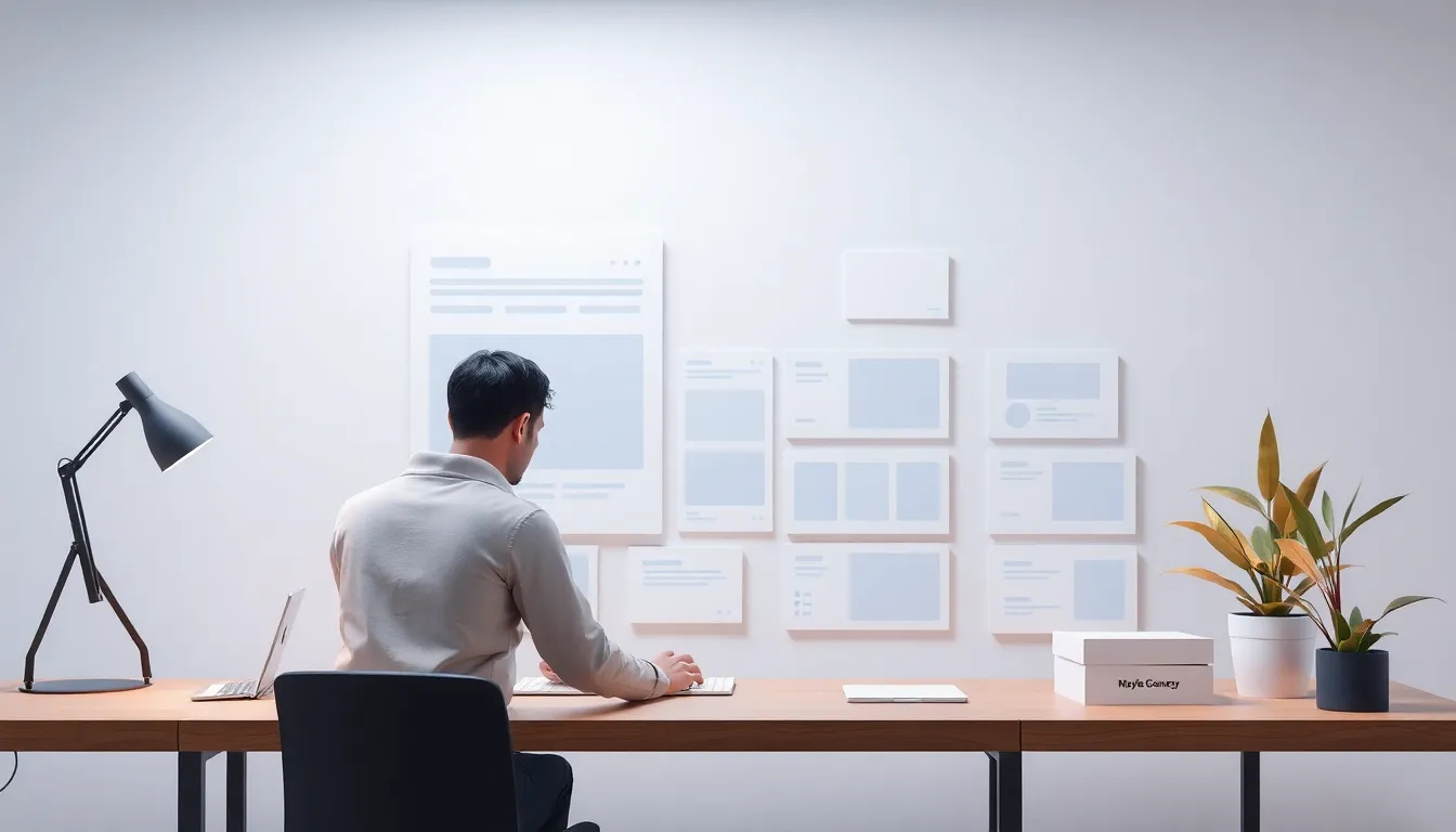Developer arranging modular website layout blocks on a desk