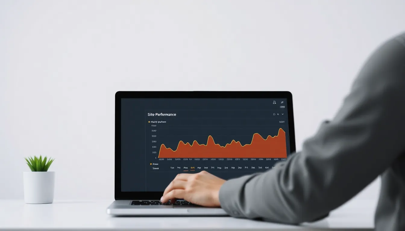 Developer reviewing a website performance dashboard on a laptop