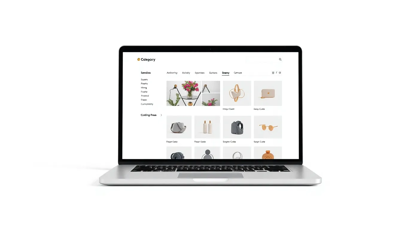 Laptop displaying an ecommerce category page with breadcrumb navigation