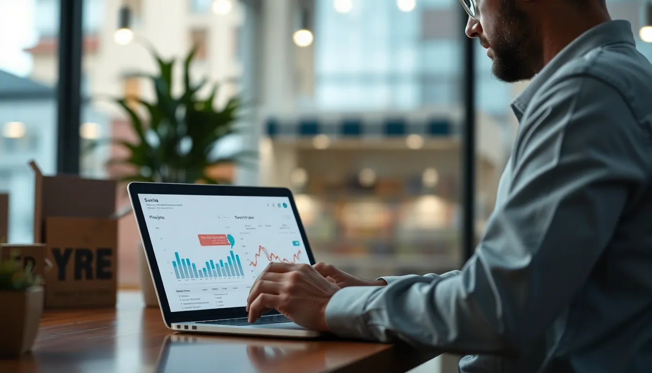 Merchant reviewing ecommerce analytics and conversion data on a laptop