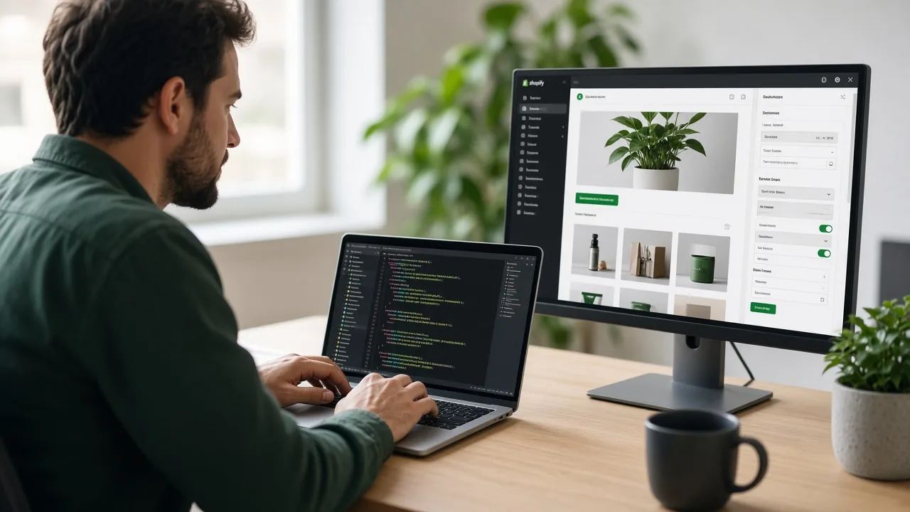 Developer customizing a Shopify theme with editor and code on screen