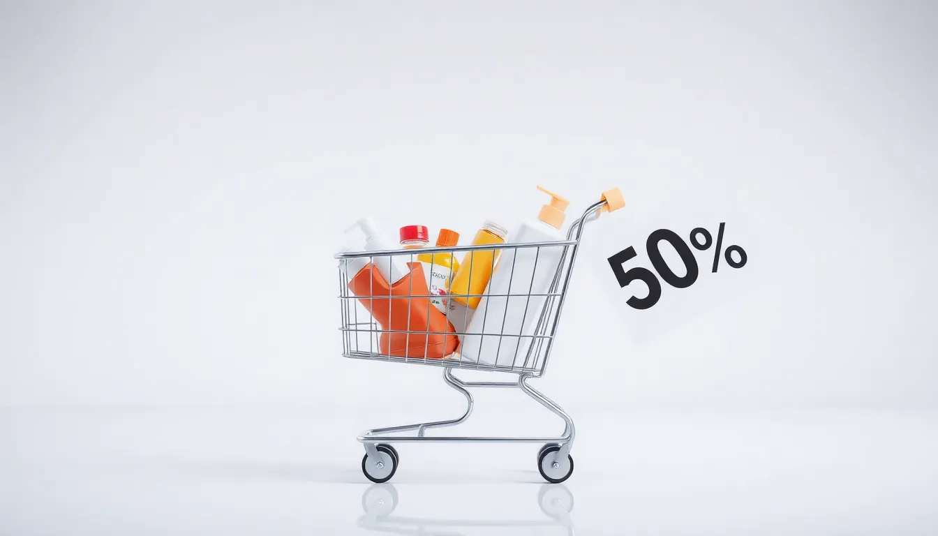 Shopping cart beside a discount tag