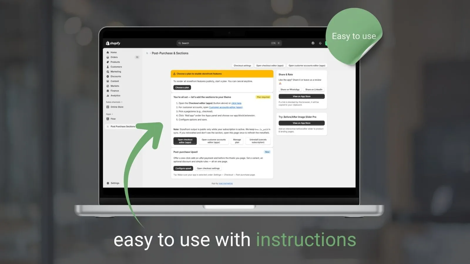 Post Purchase Sections easy-to-use Shopify app interface for managing upsell offers