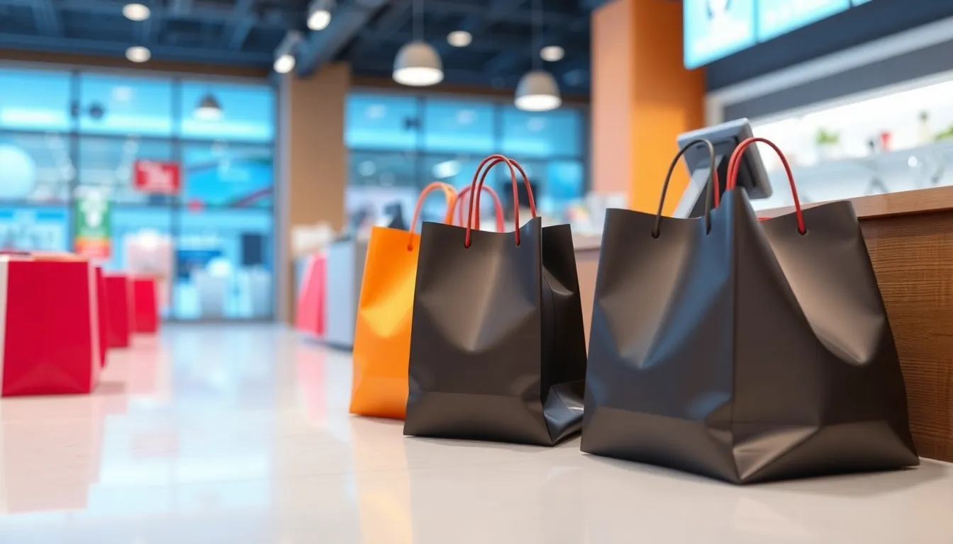 Shopping bags ready for checkout in a retail store