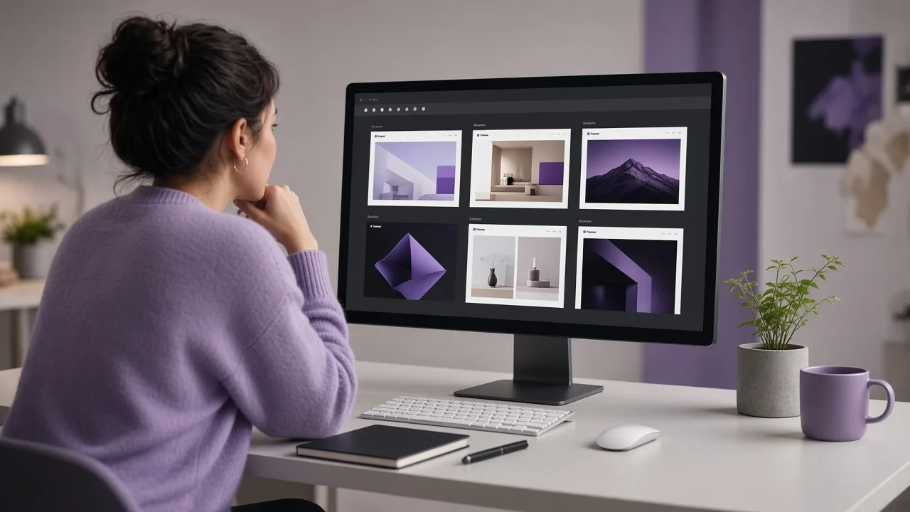 Designer comparing Framer theme previews on a desktop monitor