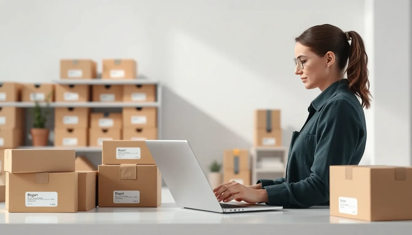 Merchant reviewing e-commerce search terms on a laptop beside product boxes
