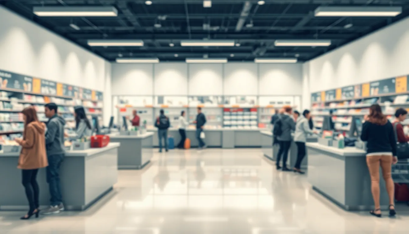 Retail setting featuring checkout counters and customer interactions