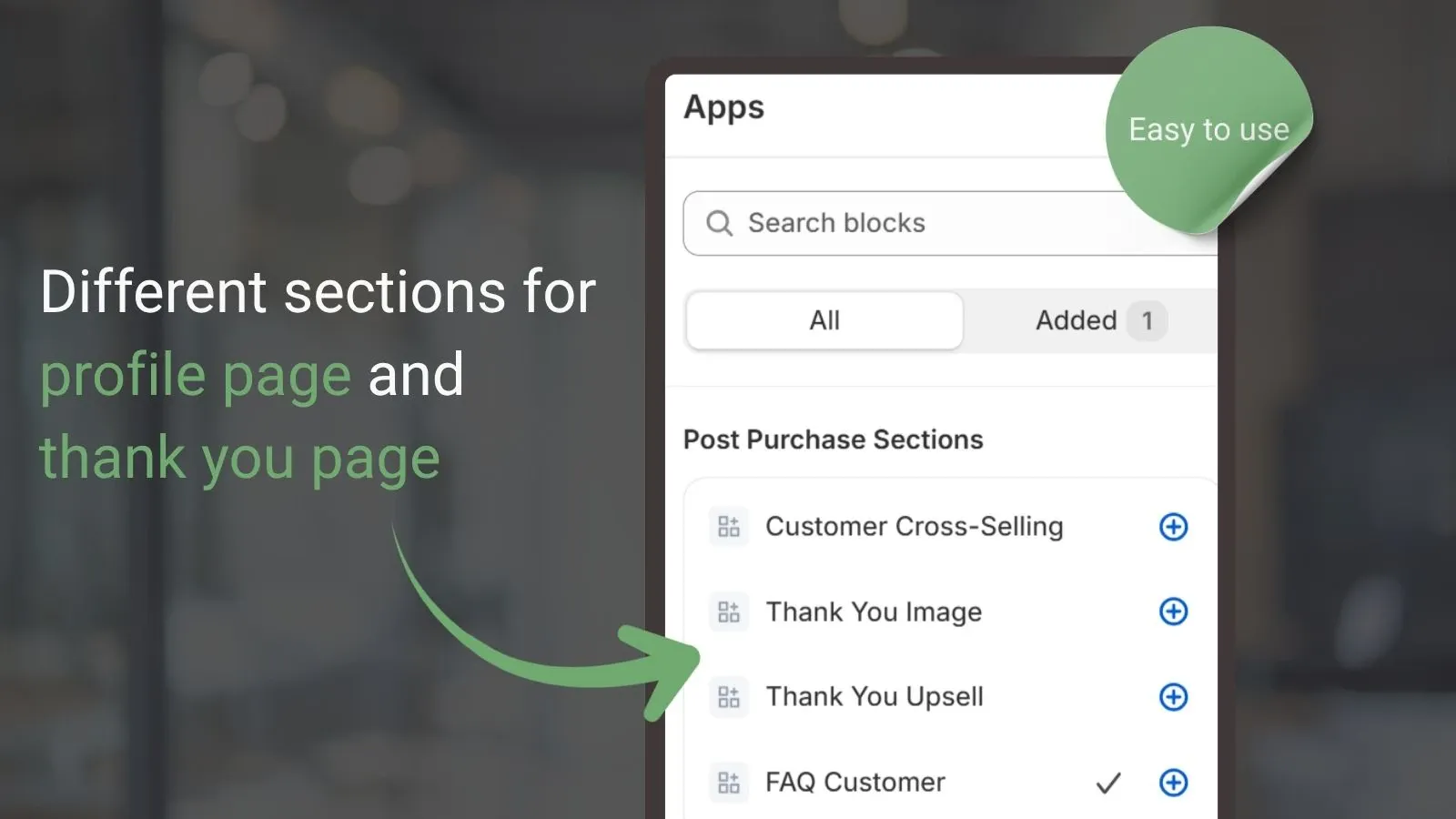 Post Purchase Sections cross-sell block on the Shopify customer account profile page