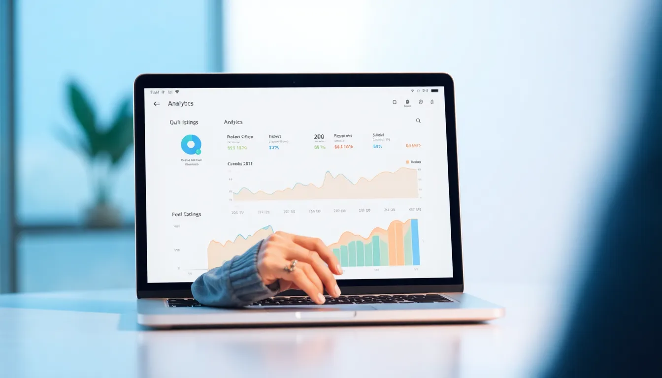 Händler überprüft eine Shopify-App-Listung und Analysen auf einem Laptop