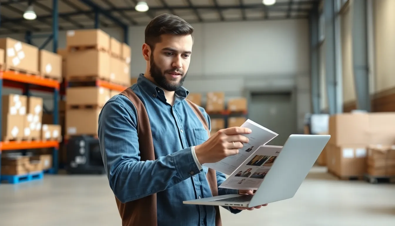 A wholesale buyer reviewing products on a laptop in a warehouse setting