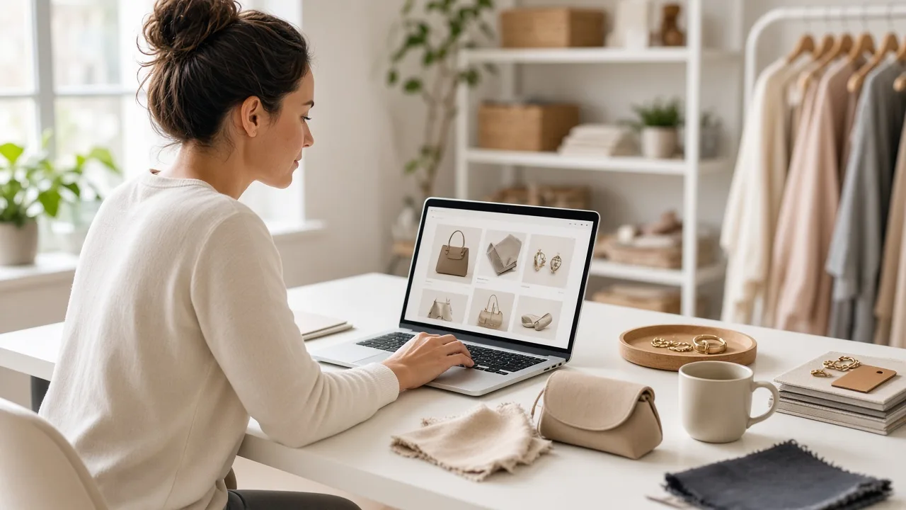 Merchandiser writing Shopify collection page copy on a laptop