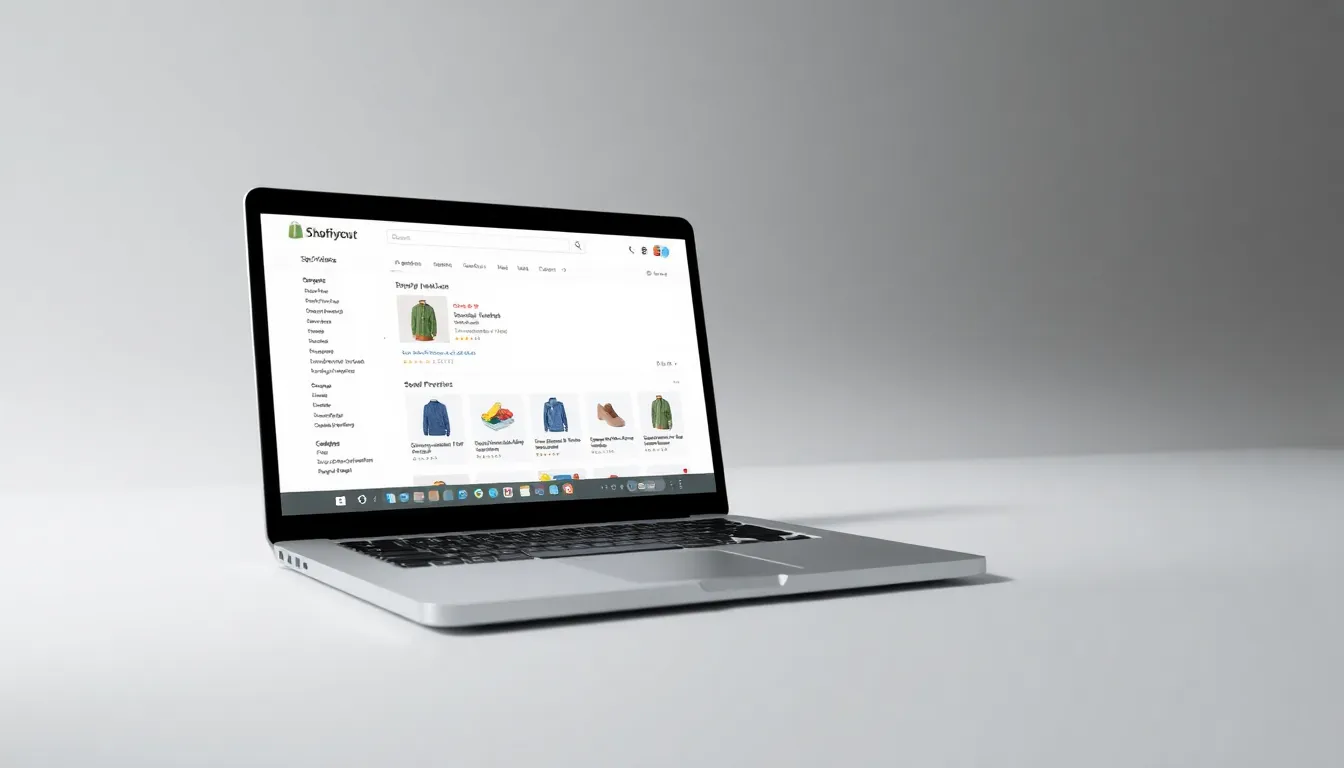 Shopify product page paths and search results on a laptop screen