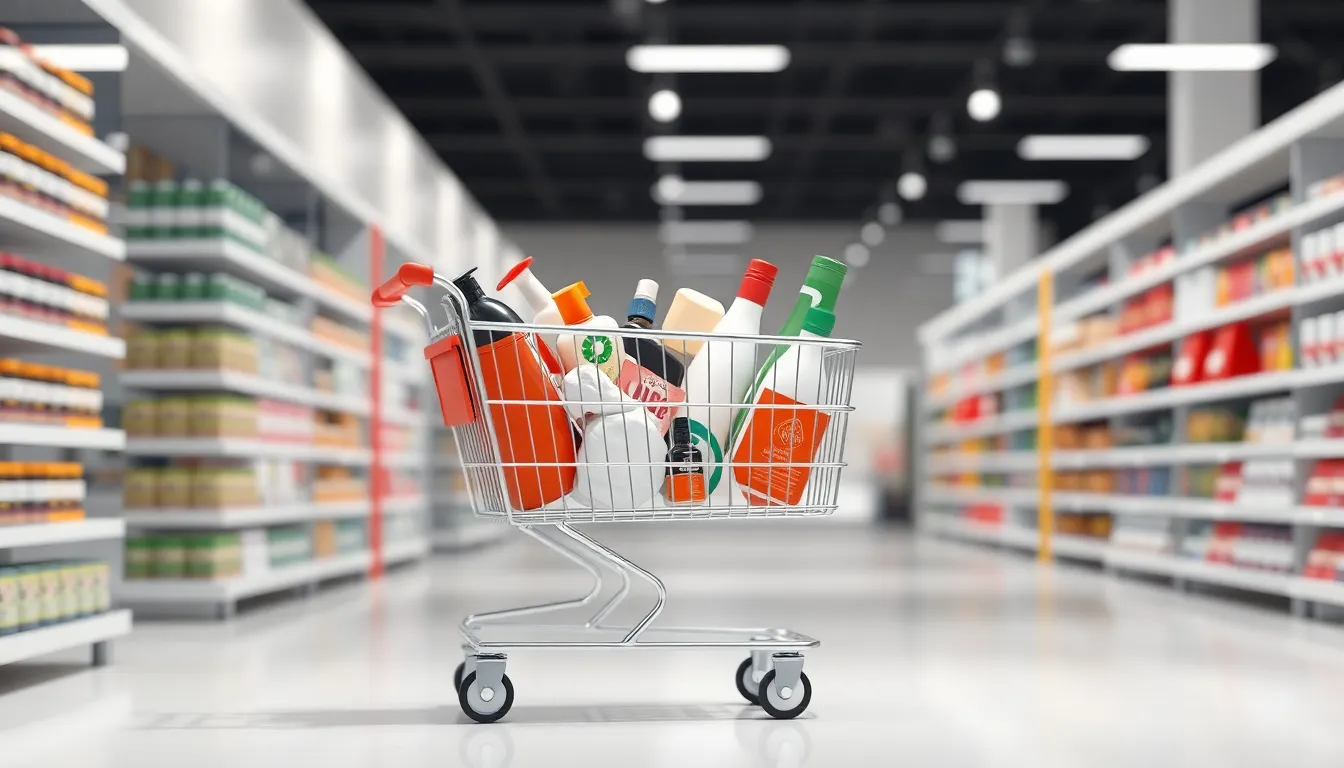 Shopping cart filled with products in a retail setting