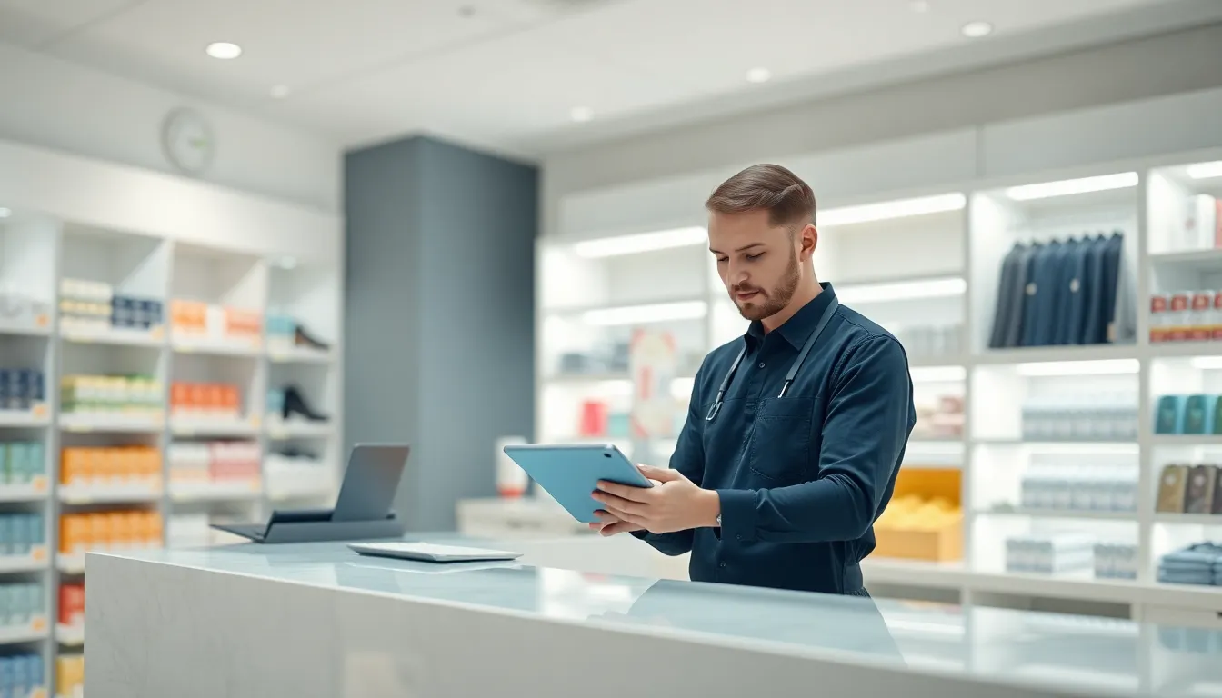 Retail staff using a tablet at a store counter with Shopify POS