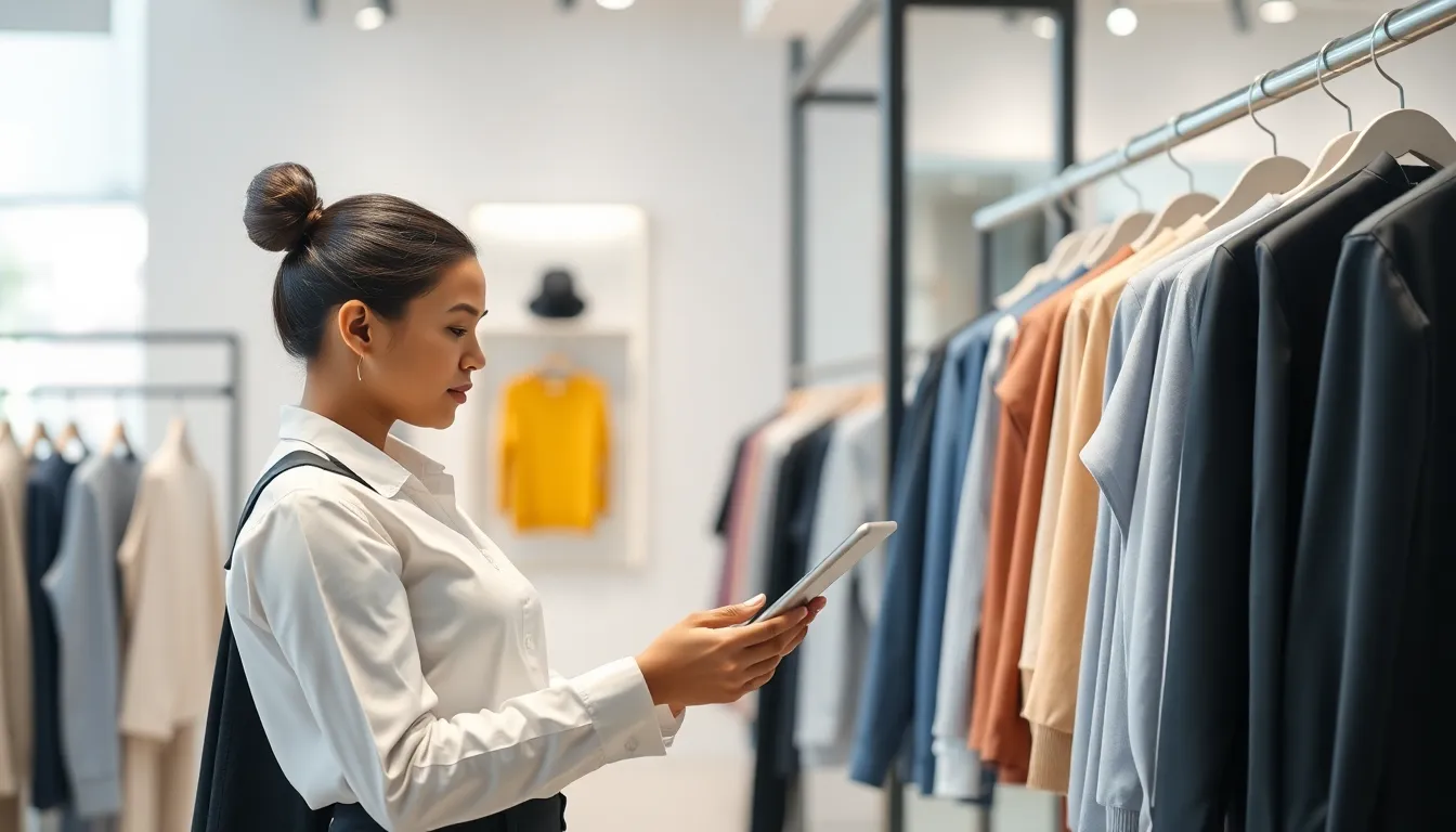 Retail associate using a tablet at a store counter beside clothing displays