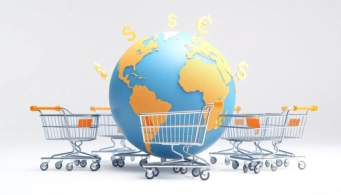 A globe with shopping carts and currency symbols around it