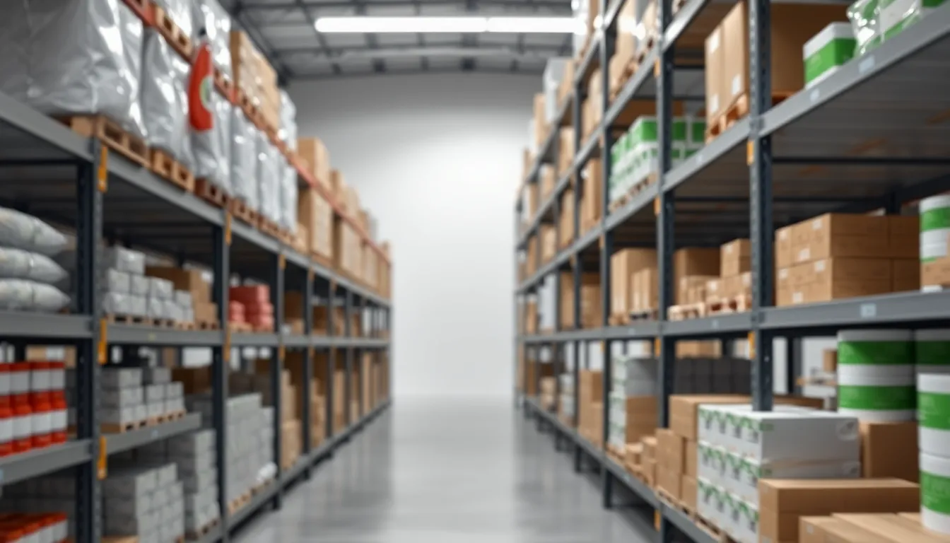 Organized warehouse shelves filled with various products