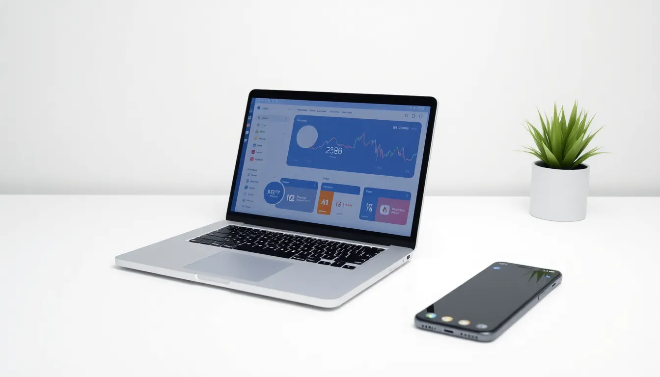 Laptop und Smartphone zeigen eine Softwareprodukt-Website und App-Oberfläche