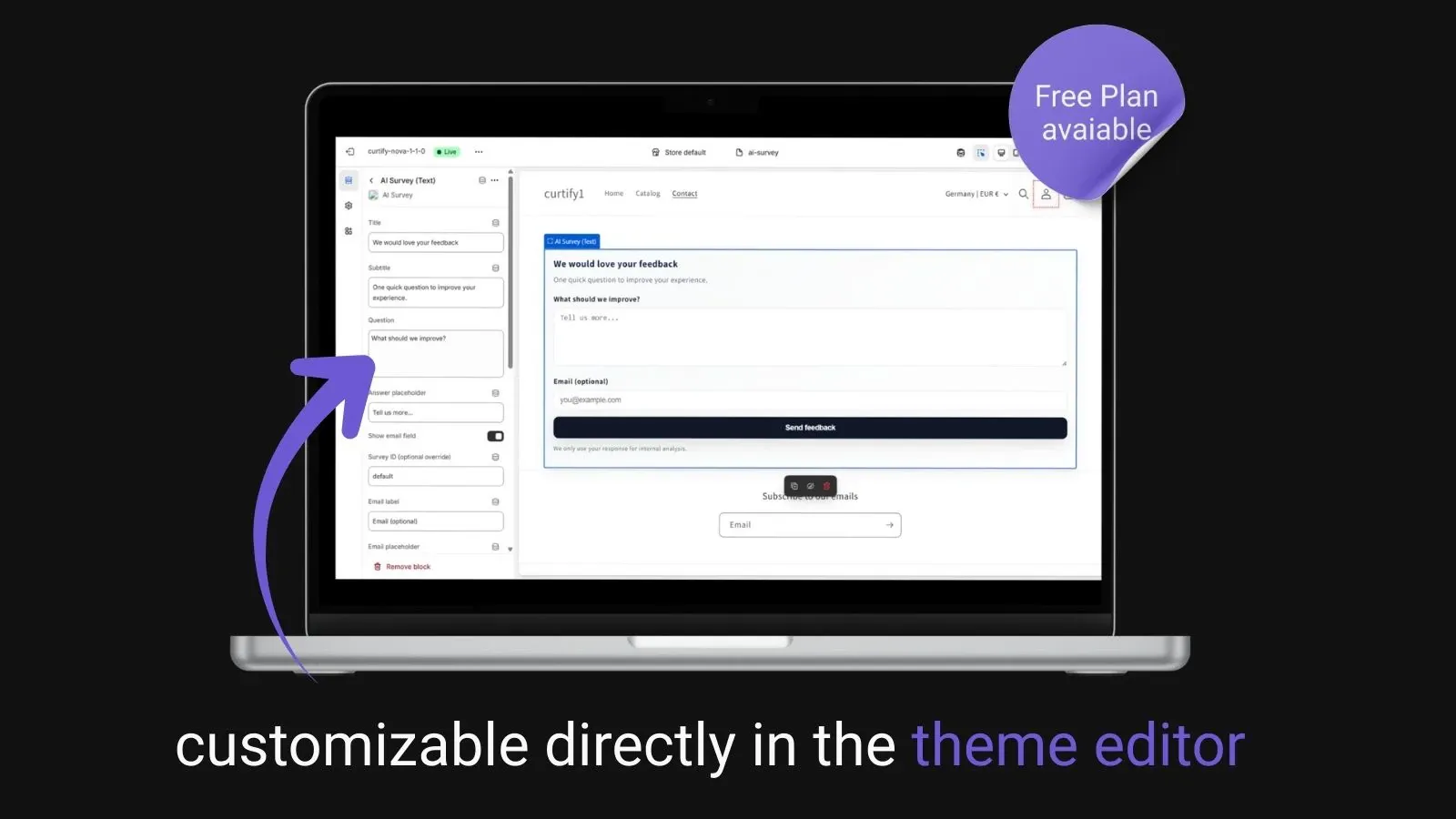 AI Survey Pro survey block configured in the Shopify Theme Editor