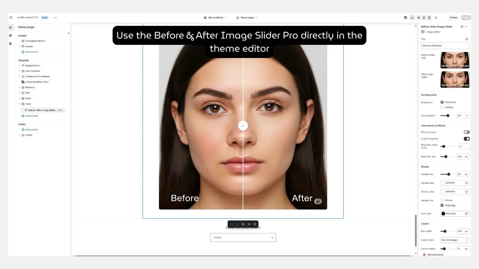 Before/After Image Slider Pro block inside the Shopify Theme Editor