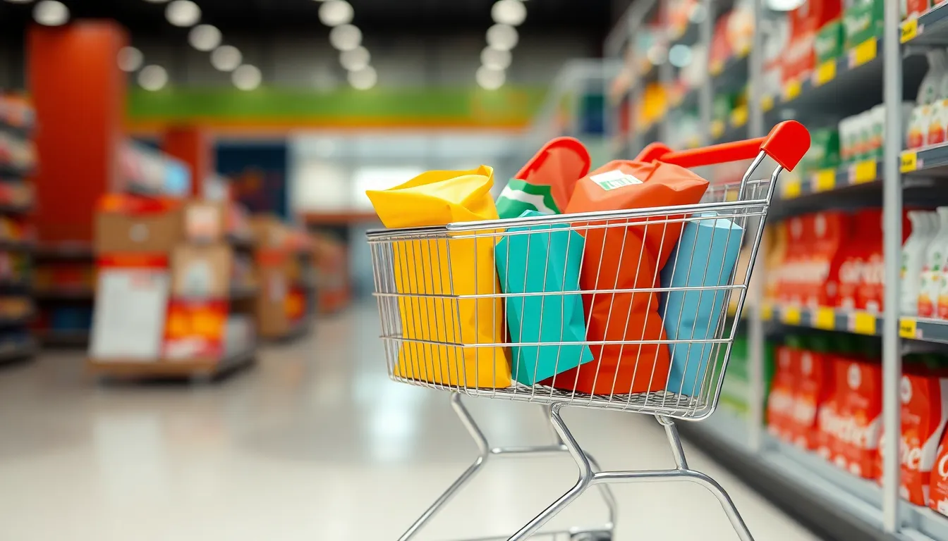 Shopping cart with various colorful packages