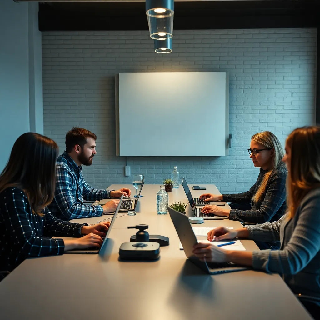 Kreatives Meeting über Fachartikel mit Laptops und Notizblöcken