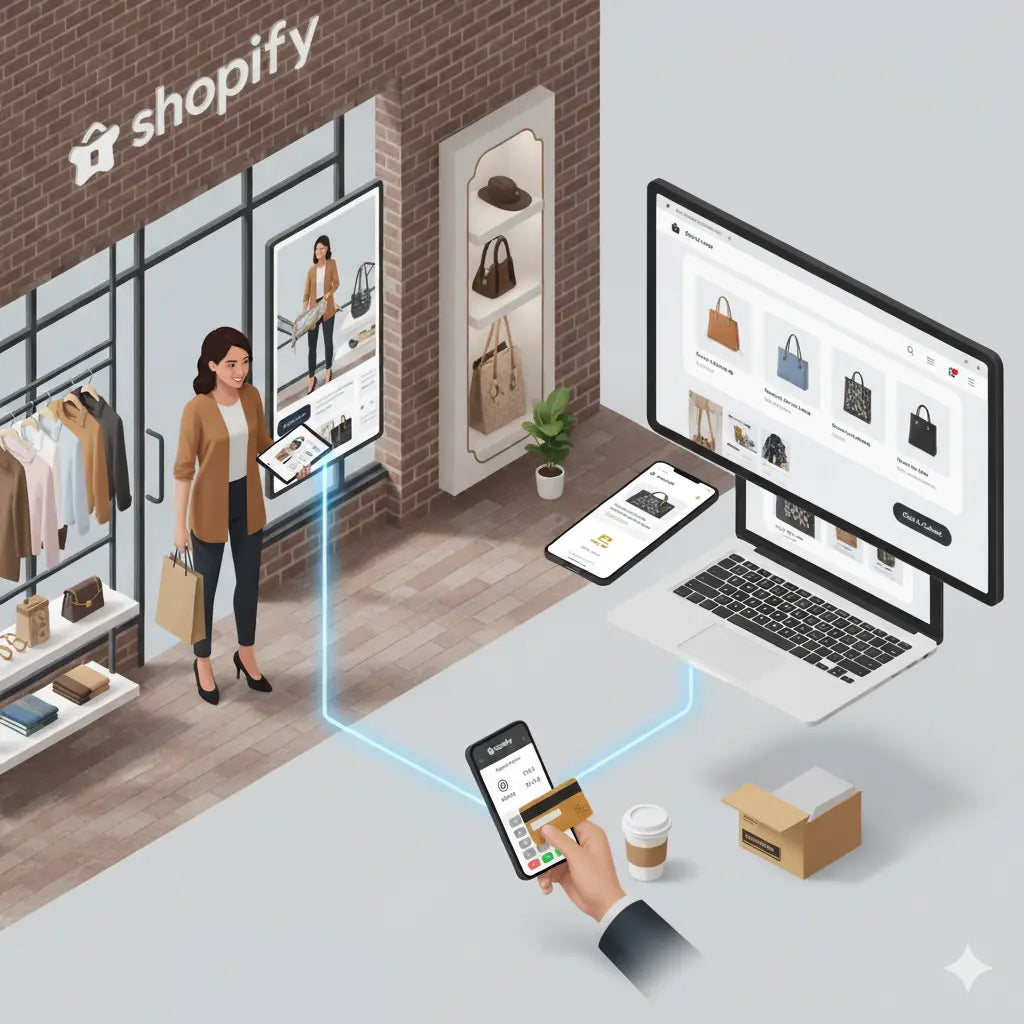Ein Ladengeschäft und ein Computer mit Shopify