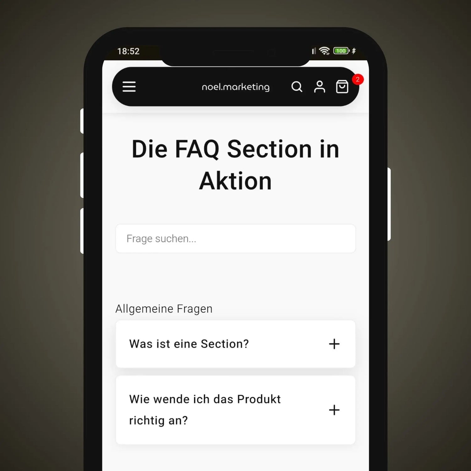 Vorschau der FAQ Shopify Section auf einem Mobilgerät