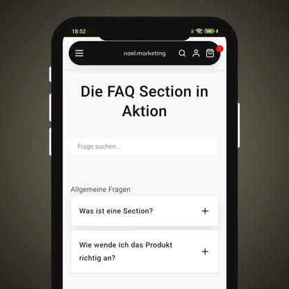 Vorschau der FAQ Shopify Section auf einem Mobilgerät