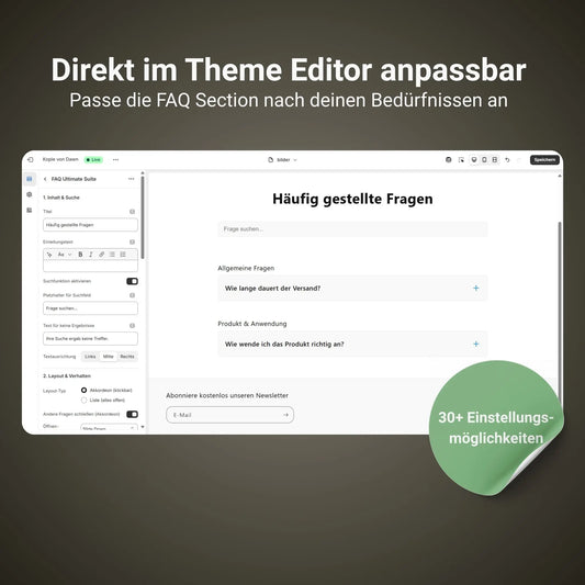 Übersicht der Einstellungsmöglichkeiten einer FAQ Shopify Section 