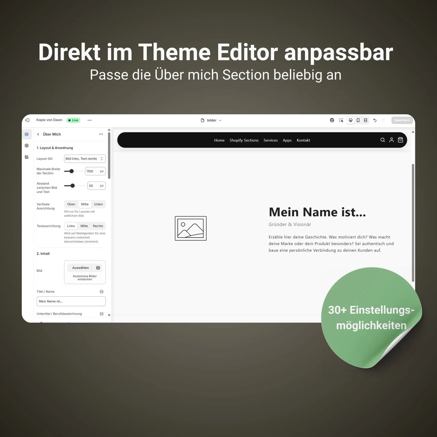 Einstellungsmöglichkeiten der Shopify Section "Über mich"