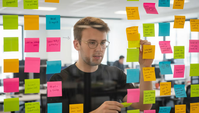 Noel plant mit Klebezetteln den Aufbau einer Webseite