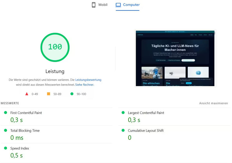 Pagespeed Score der Seite LLM-Magazin.de