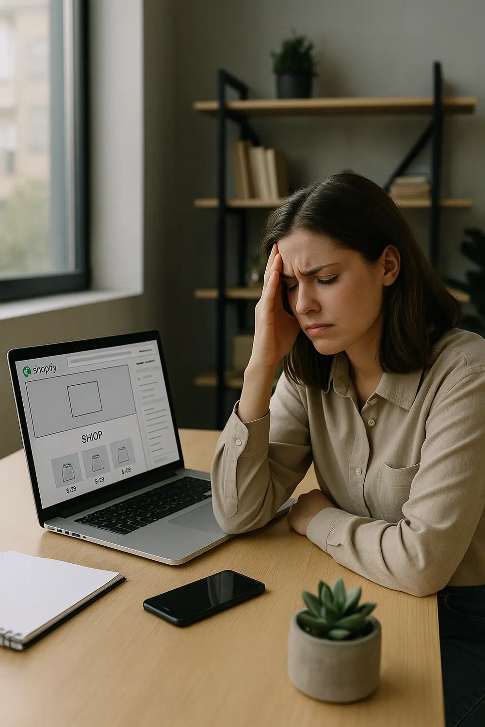 Eine Frau verzweifelt am Design ihres Shopify Shops